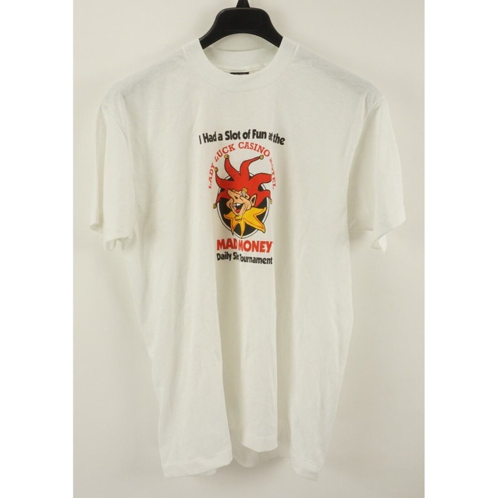 Vintage 1980's Single Stitch Lady Luck Casino Mad Money Tournament Shirt Mens XL